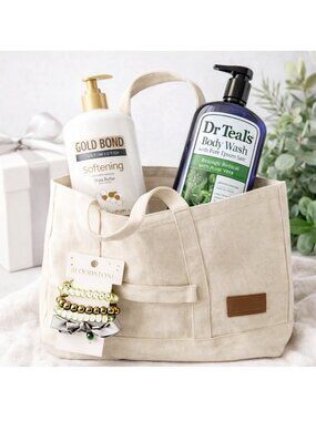 Luxury Eucalyptus Spa Set Canvas Tote, Nordstrom Hair Ties, Dr Teal’s, Gold Bond